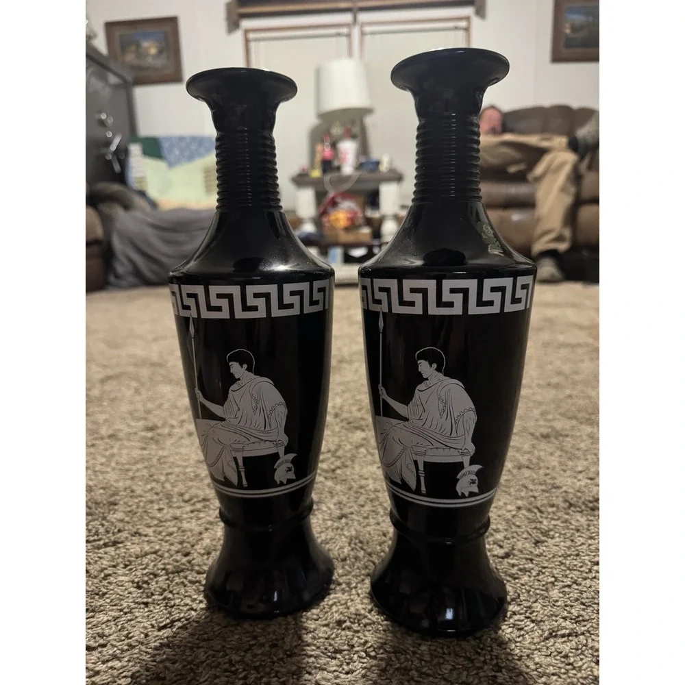 VTG Pair 1958 Black Roman Soldier Warrior Spear Urn Jim Beam Decanter Jar Vase